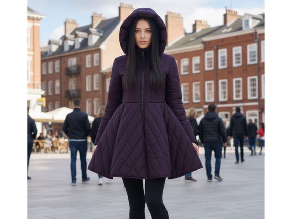 Womens Winter Coat With Quilted Design and Hood. Warm Flared