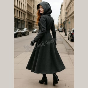 Handmade Dark Gray Wool Coat Genuine Wool Long Winter Cloak | Women’s Gothic Medieval Overcoat | Hooded Warm Jacket