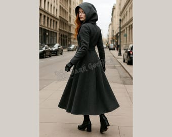 Abrigo de lana gris oscuro hecho a mano, capa larga de invierno de lana auténtica / abrigo medieval gótico para mujer / chaqueta cálida con capucha