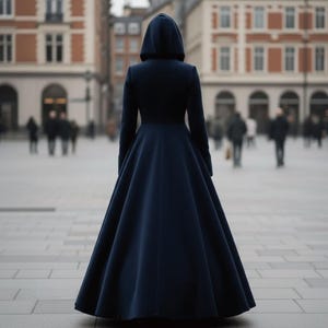 May include: A floor-length, dark navy blue coat featuring a fitted bodice, long sleeves, and a full, flared skirt. The garment includes an attached hood that rests over the head, creating a structured silhouette that reaches down to the ground.