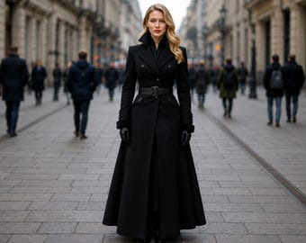 Victorian Gothic Long Coat Women Black Wool Overcoat High Collar Military Trench Coat Edwardian Winter Jacket Wednesday Addams Inspired