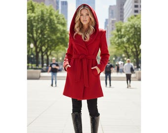 Red Wool Hooded Coat for Women | Warm Winter Belted Overcoat | Elegant Hoodie Jacket | Handmade Wool Trench | Stylish Fashion