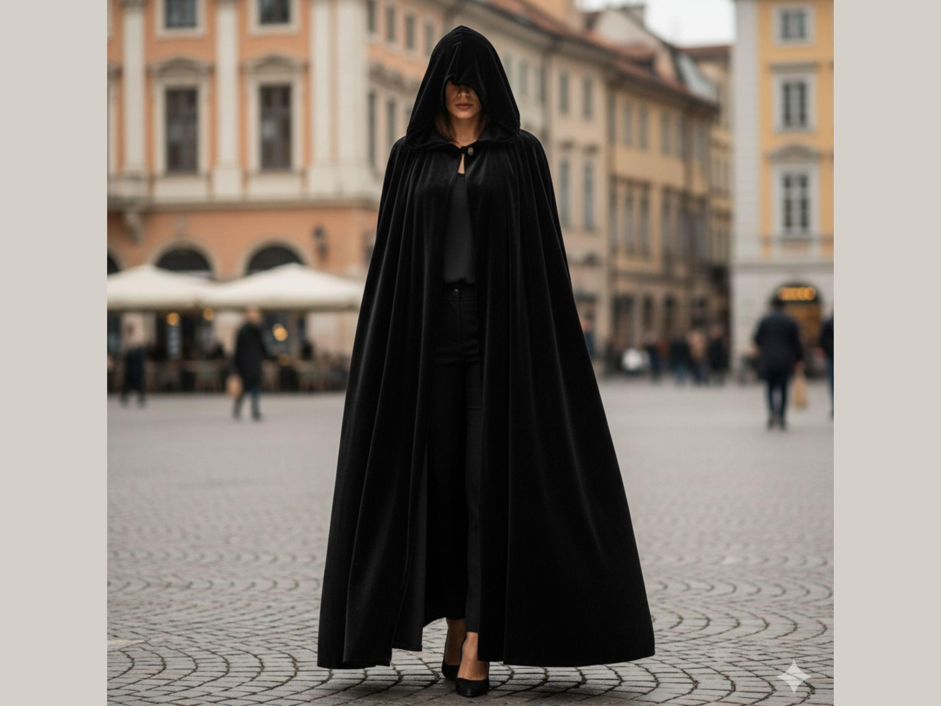 Black Velvet Hooded Cloak | Floor Length Gothic Cape | Witch