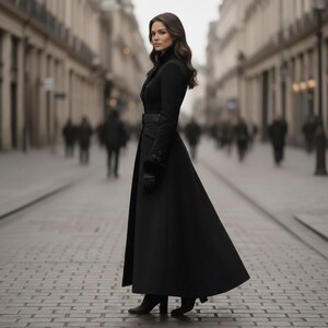 Elegante abrigo largo de lana negra / Gabardina gótica victoriana / Abrigo de lana de invierno para mujer / Chaqueta vintage de cuello alto imagen 5