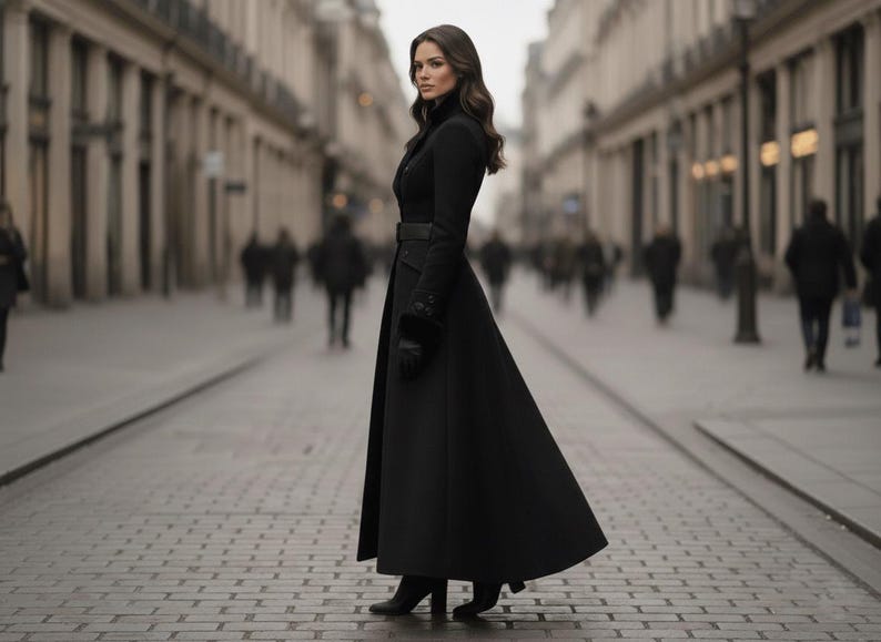 Elegante abrigo largo de lana negra / Gabardina gótica victoriana / Abrigo de lana de invierno para mujer / Chaqueta vintage de cuello alto imagen 5