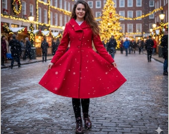 Puede incluir: Un abrigo rojo brillante con falda acampanada, abotonado, usado en un entorno nevado al aire libre. El abrigo tiene un diseño clásico con cuello. El fondo presenta un árbol de Navidad y luces festivas, lo que sugiere un tema navideño.