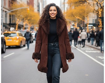 Manteau en laine véritable pour femme avec bordure en fourrure | Manteau long d'hiver | Veste chaude faite main | Vêtements d'extérieur automne-hiver élégants