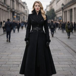 Elegante abrigo largo de lana negra / Gabardina gótica victoriana / Abrigo de lana de invierno para mujer / Chaqueta vintage de cuello alto imagen 7
