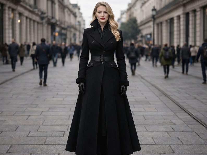 Elegante abrigo largo de lana negra / Gabardina gótica victoriana / Abrigo de lana de invierno para mujer / Chaqueta vintage de cuello alto imagen 7