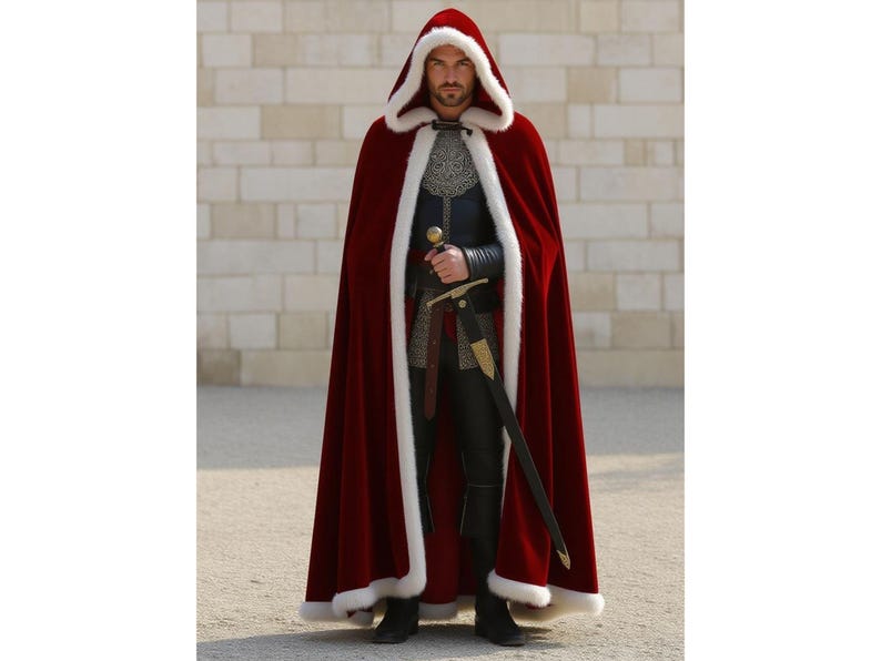 May include: A burgundy hooded cloak with white faux fur trim. The cloak is worn over a dark outfit and paired with a sword. The hooded cloak is a medieval-inspired garment.