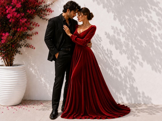 Burgundy Velvet Maxi Dress Sweetheart Neckline Long Sleeve Evening Gown