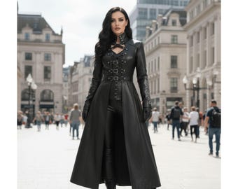 Women Studded Leather Coat, Women Rock Black Leather Coat, Women