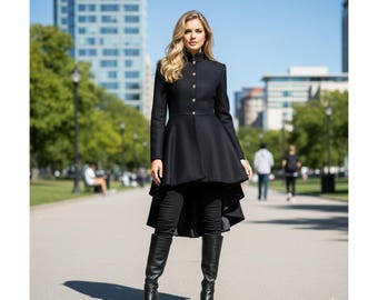 Black Wool Military Coat for Women | High-Low Winter Overcoat | Elegant Buttoned Wool Jacket | Victorian Style Long Coat