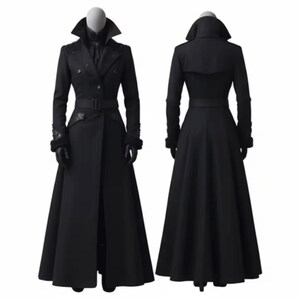 Elegante abrigo largo de lana negra / Gabardina gótica victoriana / Abrigo de lana de invierno para mujer / Chaqueta vintage de cuello alto imagen 6