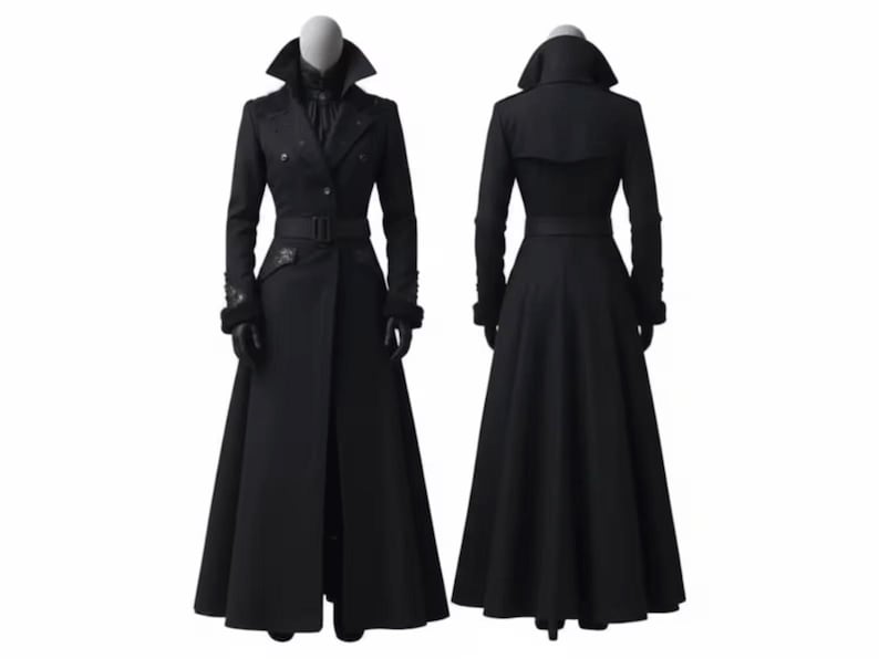 Elegante abrigo largo de lana negra / Gabardina gótica victoriana / Abrigo de lana de invierno para mujer / Chaqueta vintage de cuello alto imagen 6