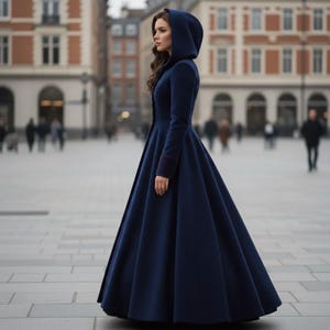 Stylish woman wearing long velvet winter coat with hood in city background