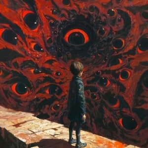 May include: An artistic painting depicts a person standing on a stone surface, gazing at a wall of numerous red eyes against a dark background. The artwork uses a palette of red, black, and brown, creating a surreal and intense visual experience.