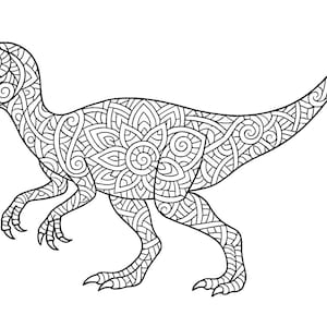 Pu&ograve; includere: Illustrazione in bianco e nero di un dinosauro, probabilmente un raptor, di profilo. Il corpo del dinosauro &egrave; riempito di intricati motivi in stile mandala. Ideale per la colorazione o come design decorativo.