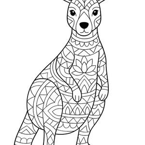 May include: A black and white illustration of a kangaroo with intricate geometric patterns filling its body. The kangaroo is in a seated position, with its ears perked up and its tail resting on the ground. The design is suitable for coloring.