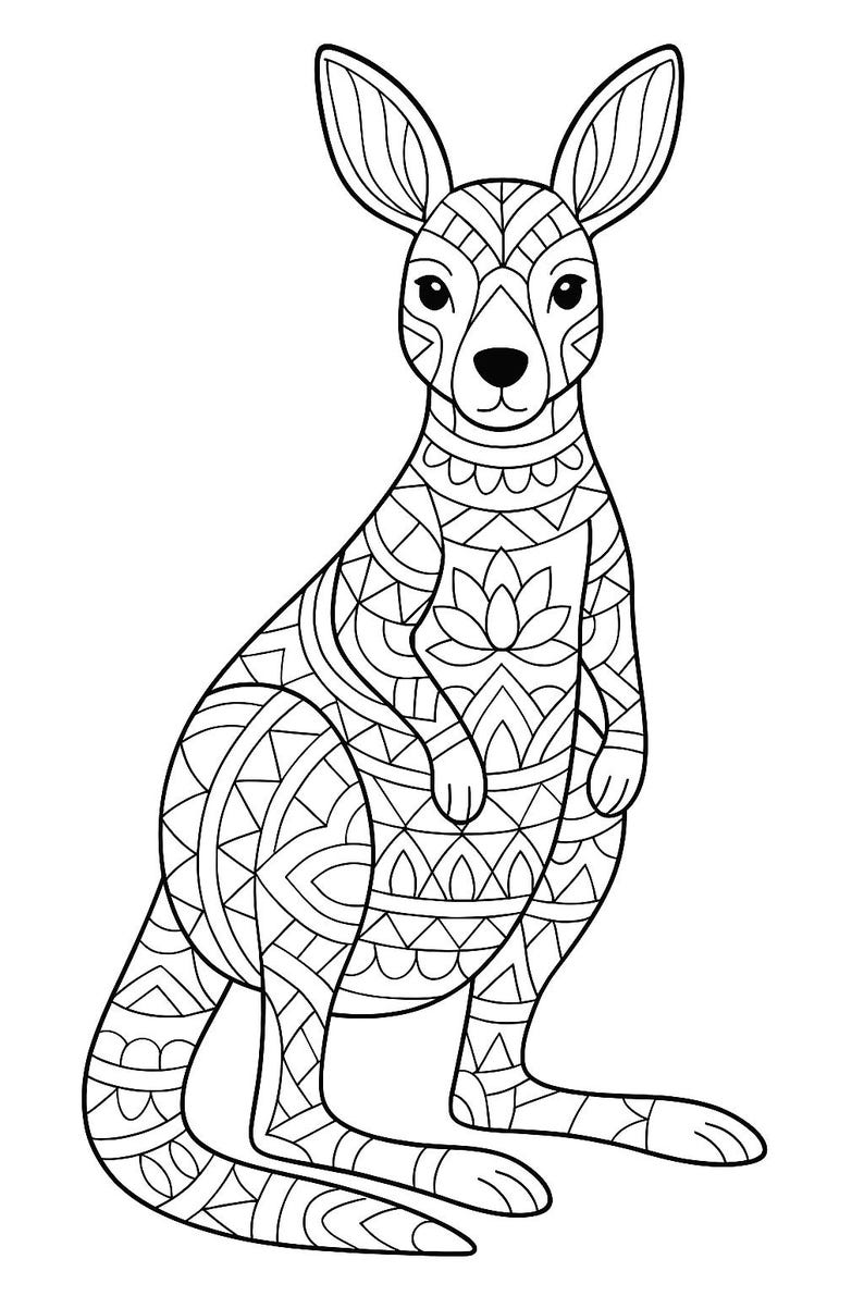 May include: A black and white illustration of a kangaroo with intricate geometric patterns filling its body. The kangaroo is in a seated position, with its ears perked up and its tail resting on the ground. The design is suitable for coloring.
