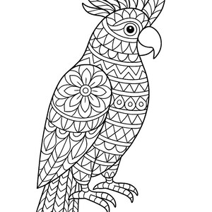 May include: Black and white illustration of a parrot with intricate geometric patterns. The parrot features a large crest, a curved beak, and detailed feather designs. The artwork is suitable for coloring or decorative purposes.