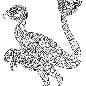 Pu&ograve; includere: Illustrazione in bianco e nero di un dinosauro. Il dinosauro &egrave; raffigurato con motivi intricati su tutto il corpo. La coda &egrave; lunga e termina a forma di ventaglio. Il dinosauro ha artigli affilati e una testa dettagliata.