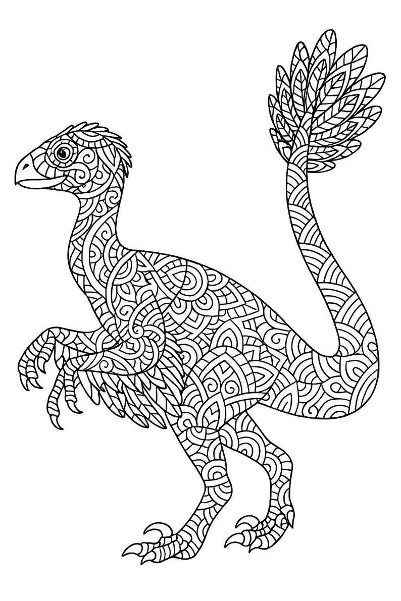 Pu&ograve; includere: Illustrazione in bianco e nero di un dinosauro. Il dinosauro &egrave; raffigurato con motivi intricati su tutto il corpo. La coda &egrave; lunga e termina a forma di ventaglio. Il dinosauro ha artigli affilati e una testa dettagliata.