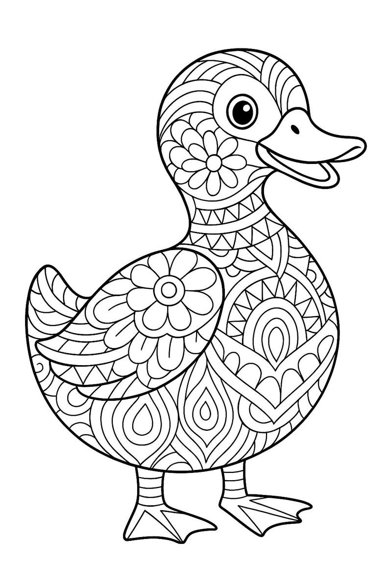 K&ouml;nnte beinhalten: Schwarz-Wei&szlig;-Illustration einer Ente mit aufwendigen floralen und geometrischen Mustern. Der K&ouml;rper und der Kopf der Ente sind mit detaillierten Designs verziert, ideal zum Ausmalen oder f&uuml;r dekorative Zwecke.