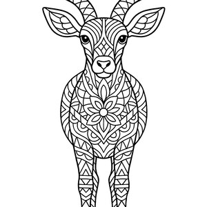 May include: Black and white illustration of an antelope with intricate geometric patterns. The antelope's body is adorned with floral and geometric designs, and its horns are detailed with parallel lines.