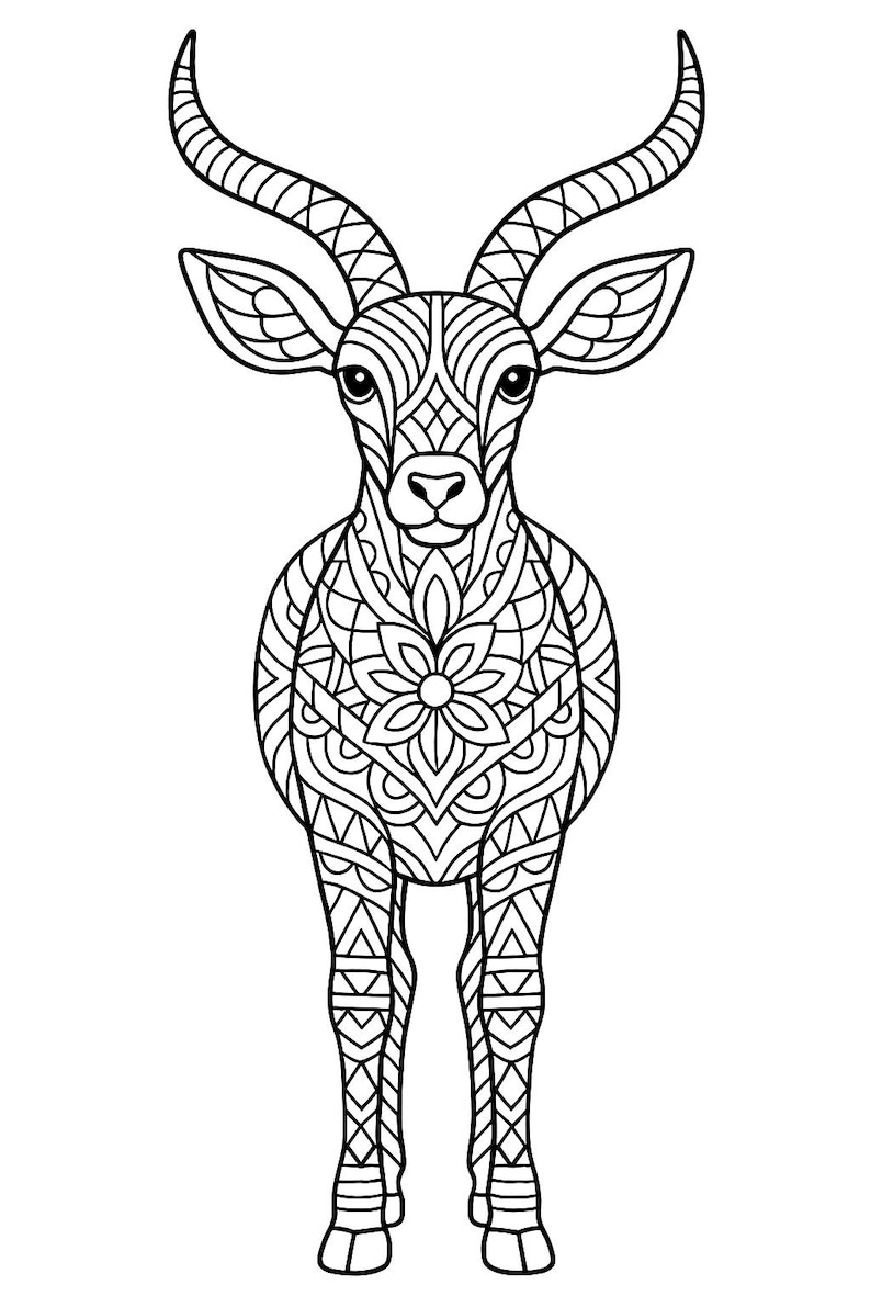 May include: Black and white illustration of an antelope with intricate geometric patterns. The antelope's body is adorned with floral and geometric designs, and its horns are detailed with parallel lines.