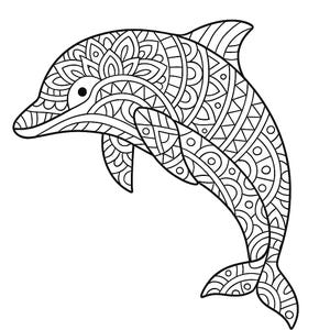 May include: Black and white illustration of a dolphin with intricate mandala-style patterns filling its body. The dolphin is depicted in a leaping pose, with its tail and fins extended. The design is suitable for coloring or as a decorative element.