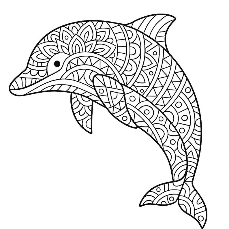 May include: Black and white illustration of a dolphin with intricate mandala-style patterns filling its body. The dolphin is depicted in a leaping pose, with its tail and fins extended. The design is suitable for coloring or as a decorative element.