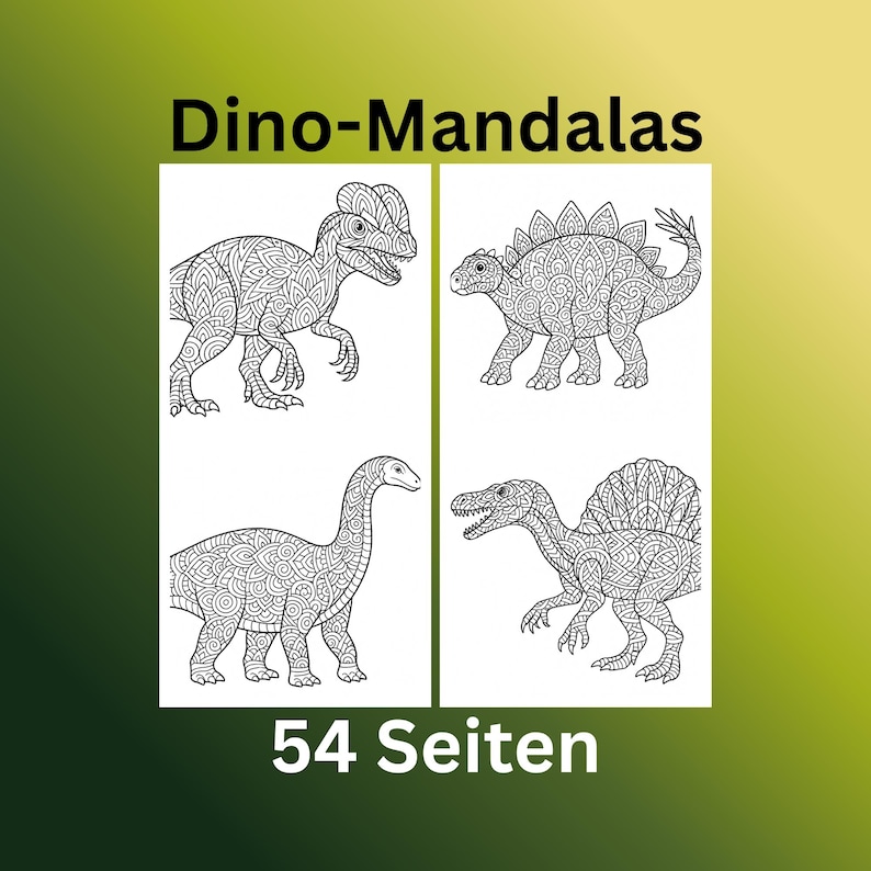 Pu&ograve; includere: Un libro da colorare intitolato "Dino-Mandals" con quattro illustrazioni dettagliate di dinosauri. Il libro contiene 54 pagine. I dinosauri sono progettati con intricati motivi mandala, perfetti per gli appassionati di colorazione.