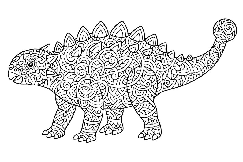 Pu&ograve; includere: Illustrazione in bianco e nero di un dinosauro Ankylosaurus. Il dinosauro &egrave; ricoperto di motivi intricati, con una schiena a spillo e una coda a mazza. Adatto per libri da colorare o progetti artistici.