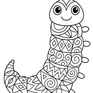 May include: A black and white line drawing of a cartoon caterpillar with a smiling face and patterned body segments. The caterpillar's body is segmented with various geometric designs, including diamonds, swirls, and zigzags, perfect for coloring.