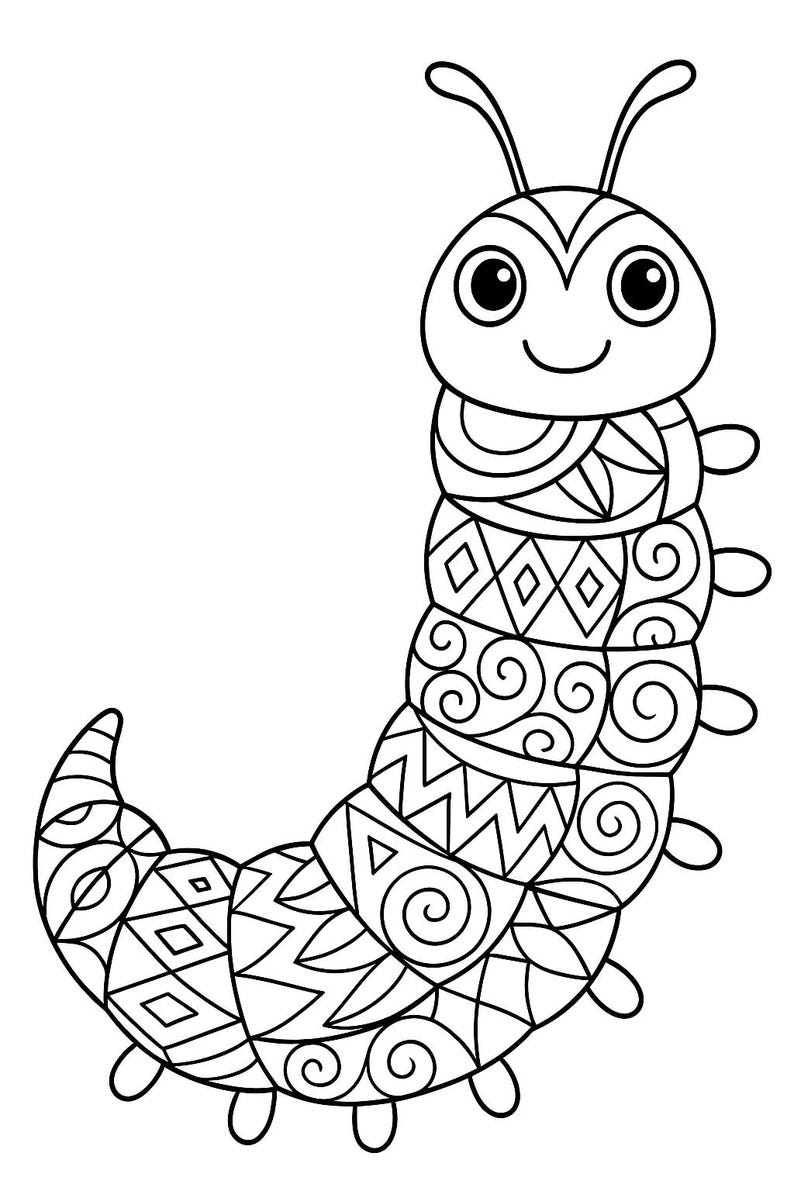May include: A black and white line drawing of a cartoon caterpillar with a smiling face and patterned body segments. The caterpillar's body is segmented with various geometric designs, including diamonds, swirls, and zigzags, perfect for coloring.