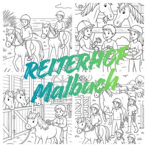 May include: Black and white line art illustration of a horse farm scene. Children are shown riding horses, caring for horses, and interacting with the animals. The text "REITERHOF Malbach" is displayed in a teal and green gradient.