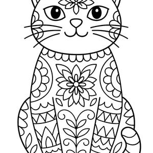May include: A black and white illustration of a stylized cat with floral and geometric patterns. The cat has large eyes, whiskers, and a flower on its head. The body is decorated with intricate designs.