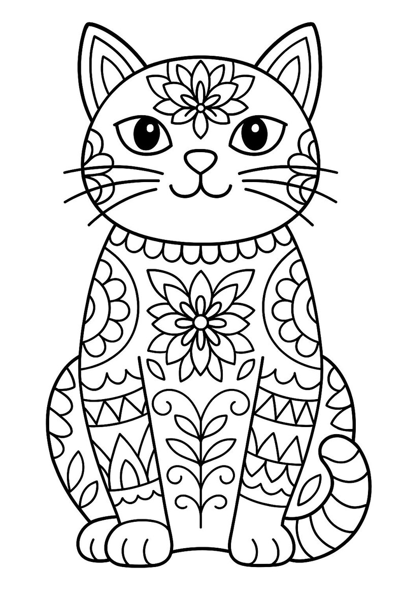May include: A black and white illustration of a stylized cat with floral and geometric patterns. The cat has large eyes, whiskers, and a flower on its head. The body is decorated with intricate designs.