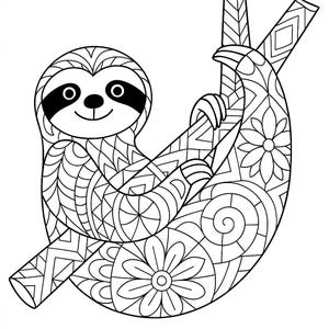 May include: Black and white line art illustration of a smiling sloth hanging from a branch. The sloth and branch are decorated with intricate geometric and floral patterns, perfect for coloring.