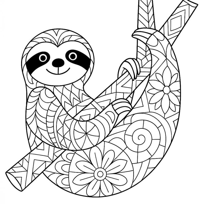 May include: Black and white line art illustration of a smiling sloth hanging from a branch. The sloth and branch are decorated with intricate geometric and floral patterns, perfect for coloring.