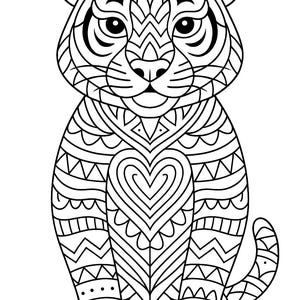 May include: Black and white illustration of a tiger cub with intricate geometric patterns. The tiger is sitting upright, with a heart-shaped design on its chest. The artwork is detailed and suitable for coloring.