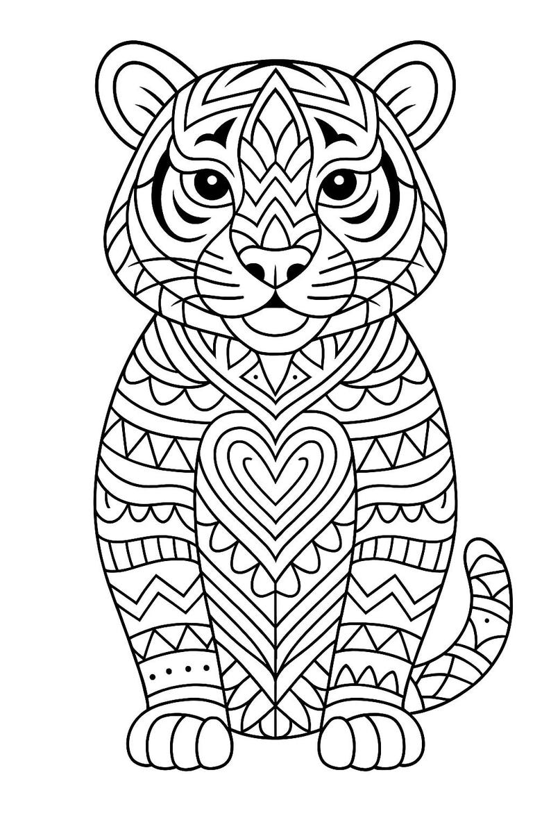 May include: Black and white illustration of a tiger cub with intricate geometric patterns. The tiger is sitting upright, with a heart-shaped design on its chest. The artwork is detailed and suitable for coloring.
