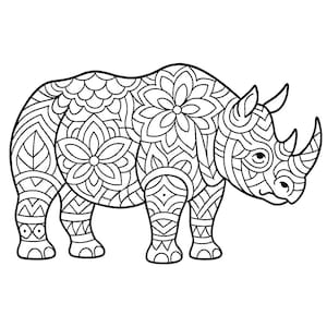 K&ouml;nnte beinhalten: Schwarz-Wei&szlig;-Illustration eines Nashorns mit aufwendigen floralen und geometrischen Mustern. Das Nashorn hat zwei H&ouml;rner und steht auf vier Beinen. Das Design eignet sich zum Ausmalen oder als dekoratives Element.