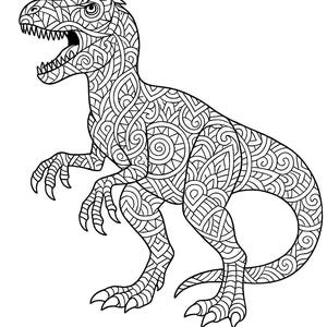Pu&ograve; includere: Illustrazione in bianco e nero di un dinosauro con intricati motivi a spirale. Il dinosauro &egrave; raffigurato di profilo, con la bocca aperta, che rivela denti affilati. Adatto per libri da colorare o stampe artistiche.