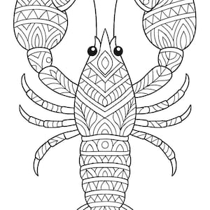 K&ouml;nnte beinhalten: Schwarz-Wei&szlig;-Illustration eines Hummers mit aufwendigen geometrischen Mustern. Die Scheren, der K&ouml;rper und der Schwanz des Hummers sind mit detaillierten Designs verziert, was eine visuell ansprechende Darstellung des Krebses ergibt.