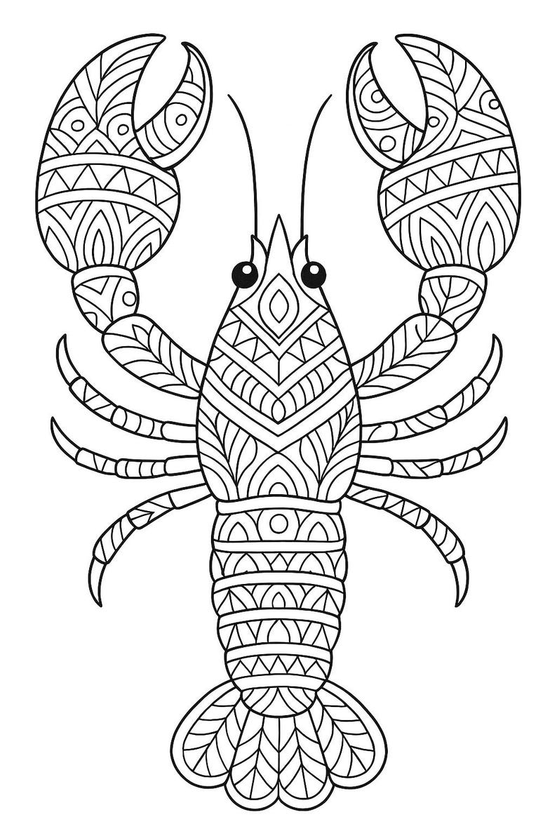 K&ouml;nnte beinhalten: Schwarz-Wei&szlig;-Illustration eines Hummers mit aufwendigen geometrischen Mustern. Die Scheren, der K&ouml;rper und der Schwanz des Hummers sind mit detaillierten Designs verziert, was eine visuell ansprechende Darstellung des Krebses ergibt.