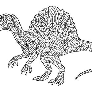 Pu&ograve; includere: Illustrazione in bianco e nero di un dinosauro Spinosaurus. Il dinosauro &egrave; raffigurato di profilo, con motivi intricati che riempiono il suo corpo, inclusa la sua vela, le zampe e la testa. L'immagine &egrave; un disegno a tratteggio dettagliato, adatto per la colorazione.