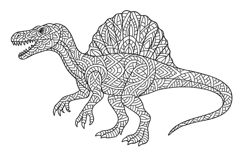 Pu&ograve; includere: Illustrazione in bianco e nero di un dinosauro Spinosaurus. Il dinosauro &egrave; raffigurato di profilo, con motivi intricati che riempiono il suo corpo, inclusa la sua vela, le zampe e la testa. L'immagine &egrave; un disegno a tratteggio dettagliato, adatto per la colorazione.