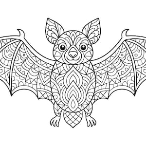 K&ouml;nnte beinhalten: Detaillierte Schwarz-Wei&szlig;-Illustration einer Fledermaus mit ausgebreiteten Fl&uuml;geln. Die Fl&uuml;gel und der K&ouml;rper der Fledermaus sind mit komplizierten Mustern gef&uuml;llt, wodurch ein symmetrisches Design entsteht. Die Fledermaus hat gro&szlig;e Ohren und ein l&auml;chelndes Gesicht.